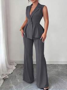 SHEIN Elenzya Bộ vest nữ cỡ lớn không tay, cổ áo, thắt eo, thanh lịch, lãng mạn. - Màu xám đen - Xem 4