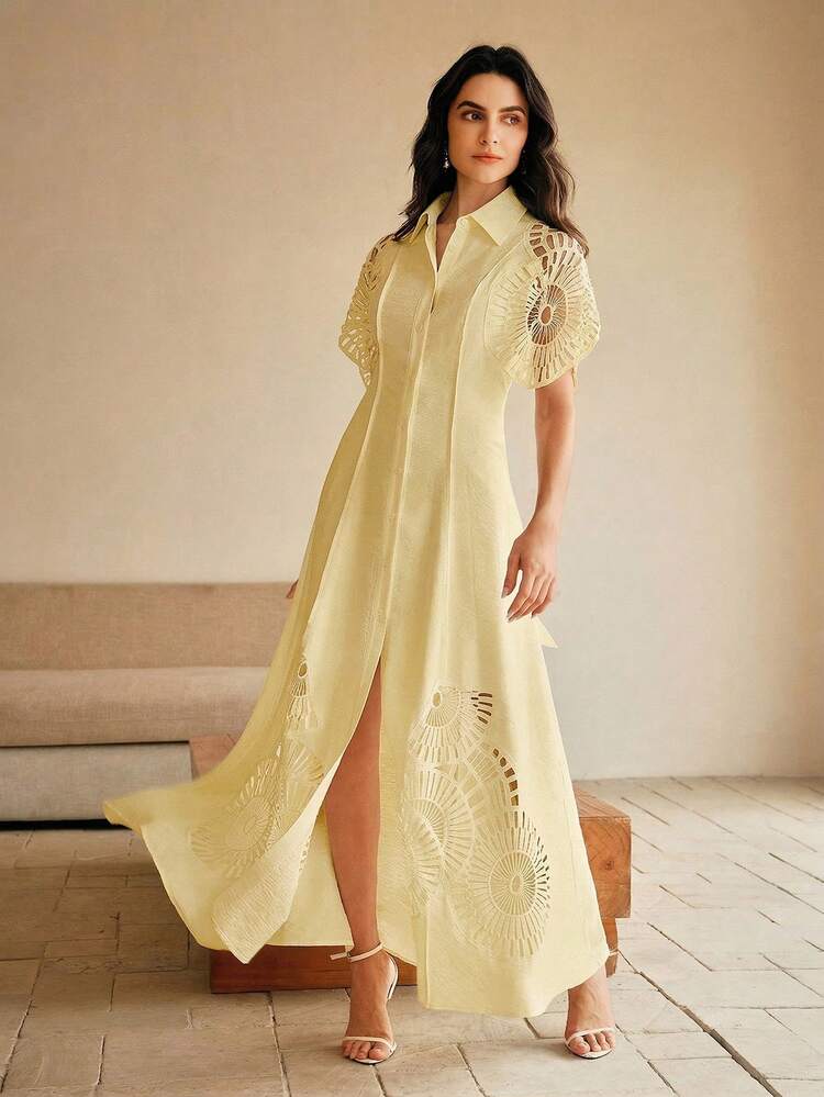 Elegant Yellow Lapel Open Front Short Sleeve Dress For Women, Spring/Summer, Hollow Out Splice Design, Suitable For Daily Wear And Vacation
