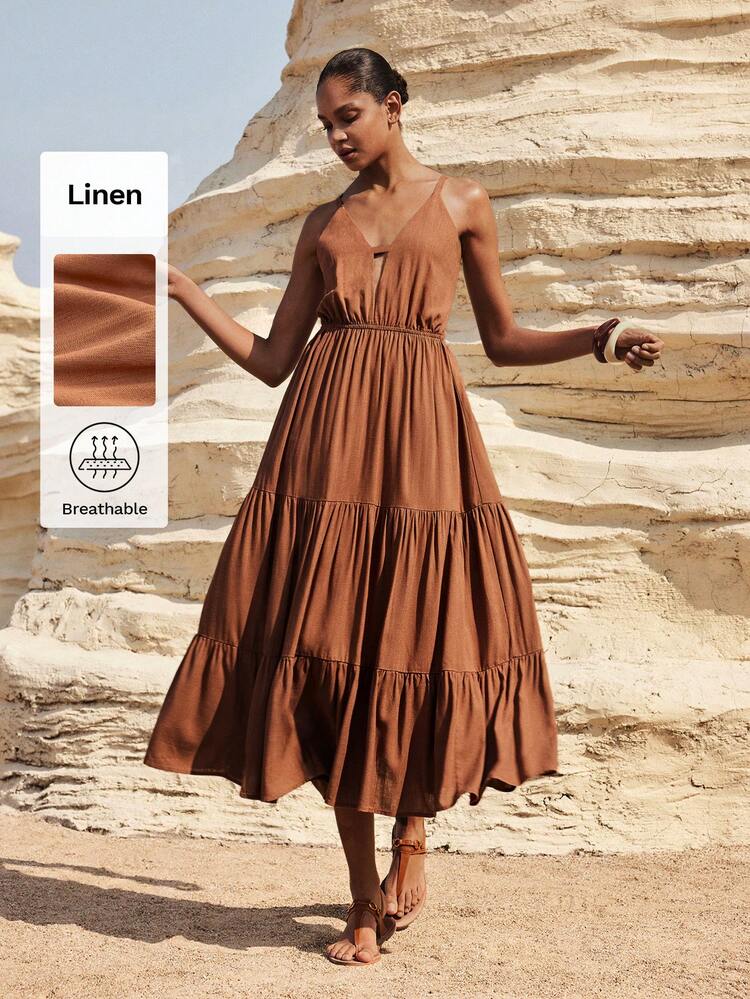 SHEIN Maija Women's Solid Color Ruffle Hem Casual Maxi Slip Dress,Summer Beach Dress,Casual Dresses,Beach Fashion,Dresses For Women Summer