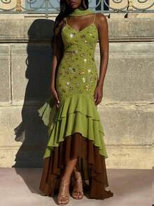 Opulessa 女士花卉亮片荷叶边下摆优雅吊带裙 - 綠色 - 查看 3