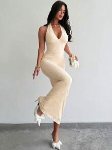 Firerie Đầm maxi ôm sát không tay cổ chữ V lãng mạn mới, thanh lịch cho buổi hẹn hò ngày Valentine, mùa xuân/hè. - Màu be - Xem 9
