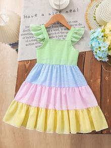 Elladie kids 女童彩色条纹荷叶边拼接连衣裙，适合夏季度假，休闲时尚又优雅 - 彩色 - 查看 10