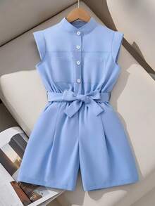 SHEIN 1pc Girls' Casual Solid Color Minimalist Romper, Suitable For Daily Wear And Outdoor - Blue - View 2