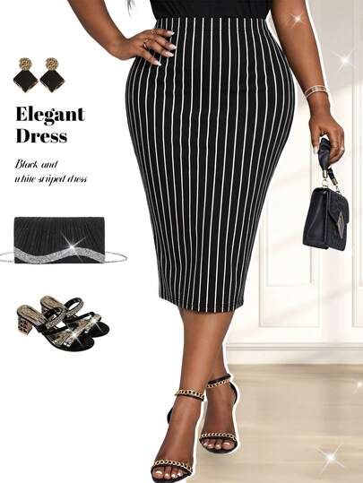 Fleurora Spring And Summer Elegant Office Work Black And White Knitted Stripe Midi Plus Size Skirts Plus Size Fitted Striped Stylish Summer Minimalist Design Skirt Summer Clothes Summer Outfits For Women Summer Outfits