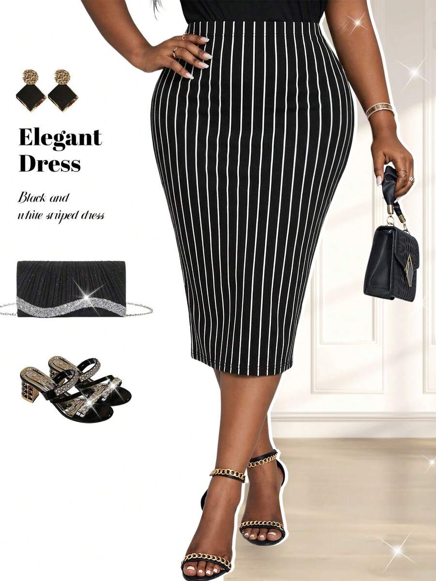 Fleurora Spring And Summer Elegant Office Work Black And White Knitted Stripe Midi Plus Size Skirts Plus Size Fitted Striped Stylish Summer Minimalist Design Skirt Summer Clothes Summer Outfits For Women Summer Outfits Pencil Skirts For Women Business Casual Women Outfits Plus Size Yrack Suits For Ladies Black And White Striped Skirt Black And White Striped Dress Office Outfits For Women Elegant Outfits For Women Business Casual Women Outfits Plus Size - Multicolor - View 1