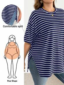 Shapeblank 大码女装春夏时尚休闲宽松舒适日常百搭黑白条纹短袖超宽松T恤，夏季穿搭，超大款上衣，简约风格，工作上衣 - 藏蓝色 - 查看 1