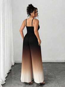 Elenzga Plus Size Women's Elegant Gradient Color Spaghetti Strap Pleated Wide Leg Jumpsuit, Cinched Waist Design, Suitable For Daily Commute, Outing And Vacation - Coffee Brown - View 2