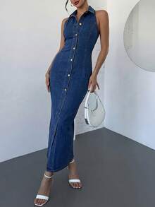 Firerie Women's Sleeveless Casual Buttoned Halter Neck Denim Dress Summer Carnival Costume Commuting Vacation Graduation Chic Y2k Cute Streetwear Party Wedding Elegant Business Casual Woman Business Beach Graduation Easter Elegant Women Denim Halter Neck Button-Front Sleeveless Midi Dress Blue - Blue - View 3