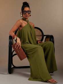 Hauture Bộ jumpsuit nữ gợi cảm, màu trơn, hở lưng, cổ yếm, dáng rộng. - màu xanh lá - Xem 1