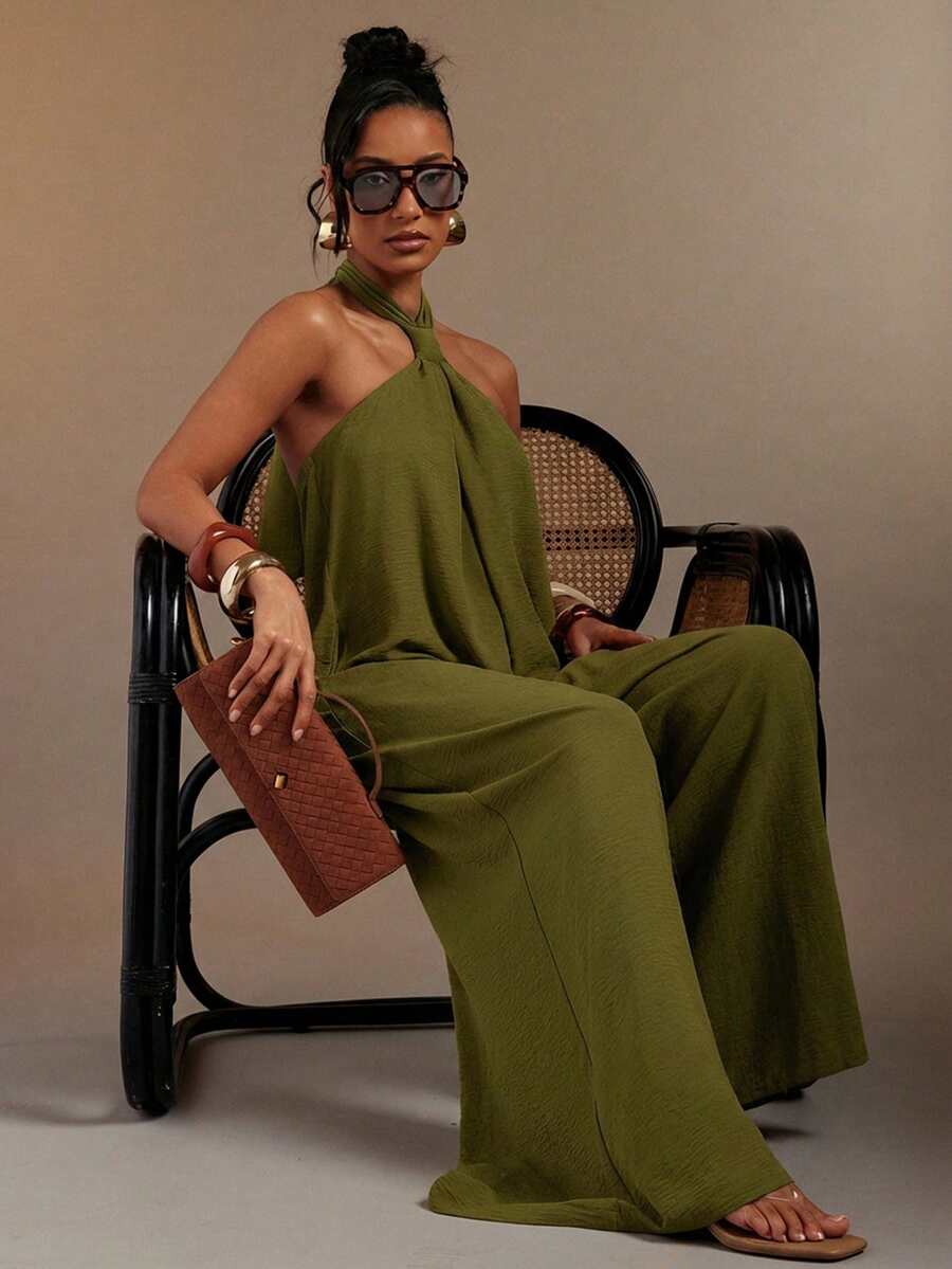 Hauture Bộ jumpsuit nữ gợi cảm, màu trơn, hở lưng, cổ yếm, dáng rộng. - màu xanh lá - Xem 1