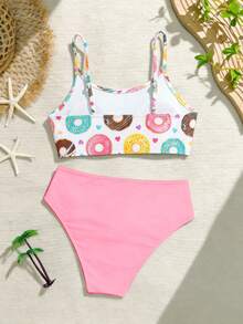 New Fashion Tween GirlsSwimsuit, Digital Printed Donut Pattern, Casual Beach Vacation Swimwear, Two Pieces Spaghetti Strap Tankini Set - Multicolor - View 2