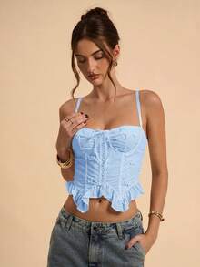 SHEIN BAE Women's Baby Blue Embroidered Camisole,Effortless Chic Elegant Night Out Summer Top,Floral Hollow Embroidery For Beach Holiday,South France,Ibiza - Baby Blue - View 4