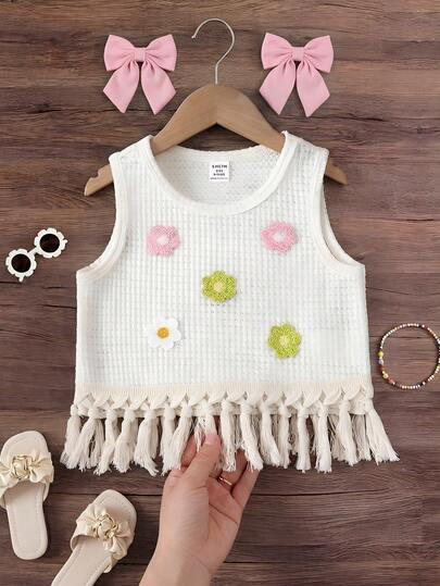 Emery Rose Kids Áo hai dây cổ tròn, viền tua rua, họa tiết hoa dành cho bé gái đi nghỉ mát.