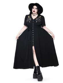 ROMWE Gothic Style Summer Vacation Snake Skin & Floral Print Deep V-Neck High Slit Plus Size Dress For Women - Black - View 6