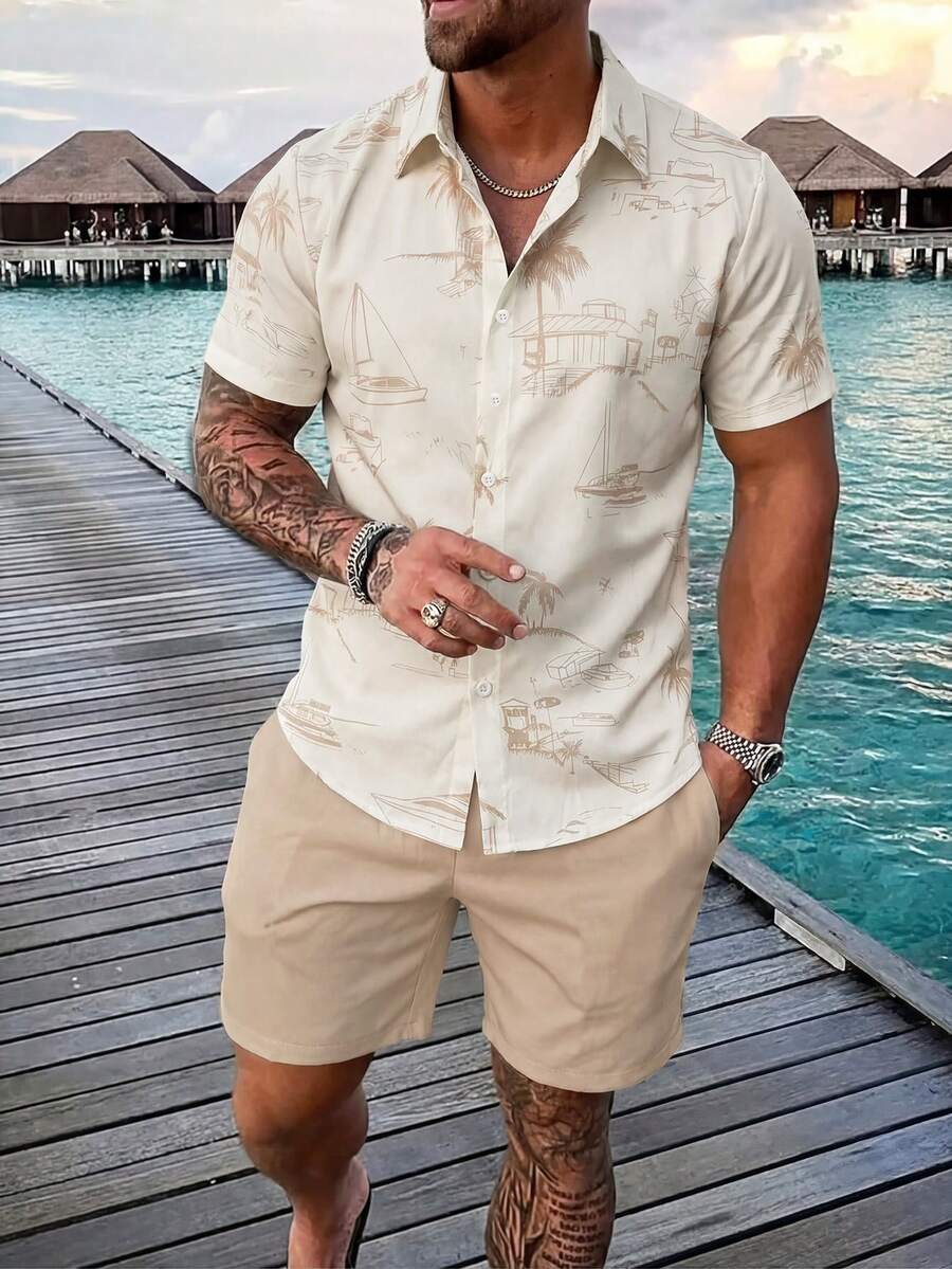 Manfinity Swimmode Conjunto de camisa y pantalones cortos con estampado de velero para hombre - Caqui - Ver 1
