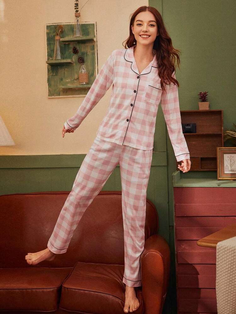 Plaid Button Front Top & Pants PJ Set / Pajama Set, Fall Winter Clothes  Cozy And Elegant Details