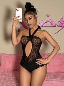 EgrlEra 性感蕾丝镂空连体裤，露背挂脖设计，修身剪裁，欧美性感女士风格 - 黑色 - 查看 4