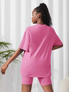 SHEIN 2pcs/Set Teen Girl Knitted Solid Color T-Shirt And Shorts Set - Hot Pink - View 2