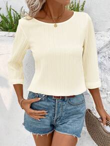 EMERY ROSE Women's Casual, Vacation, Daily Commute Minimalist Solid Color Textured Fabric 3/4 Sleeve Loose Blouse, Suitable For Spring And Autumn - Apricot - View 4