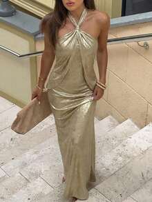 Aloruh Women's Spring/Summer Wedding Backless Tie-Up Fitted Fishtail Dress - Champagne - View 9