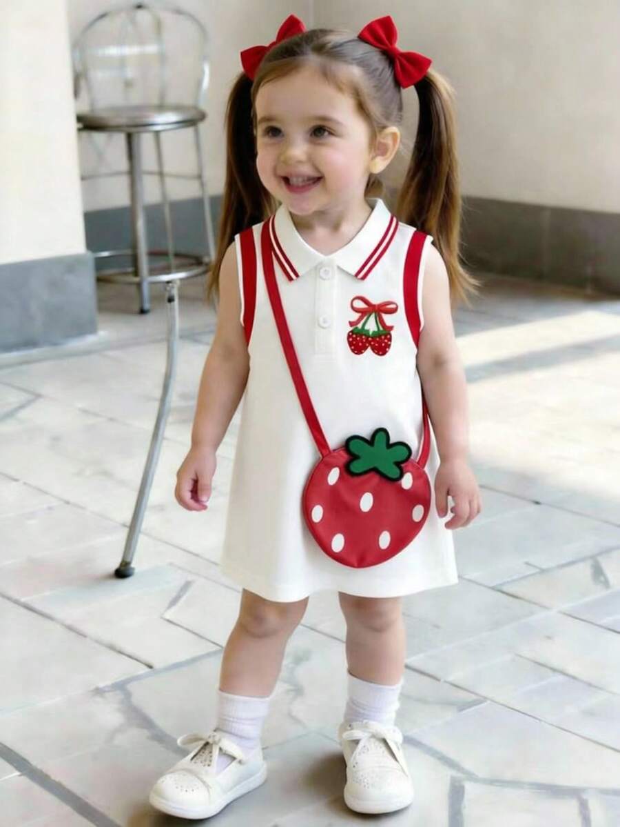 SHEIN Set de 2 piezas para niña, estilo casual de primavera y verano, vestido sin mangas con bordado de mariposa y bolso bandolera - Rojo - Ver 1