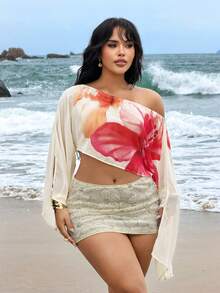 Rustia 大码女式露肩/斜肩复古修身宽松印花衬衫，适合度假、返校季、音乐节、春夏、科切拉音乐节/派对等场合，是度假的理想之选。 - 彩色 - 查看 5