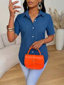 Xyvia 女士休闲日常通勤简约纯色短袖开衩弧形下摆修身衬衫，夏季 - 中等水洗藍 - 查看 5