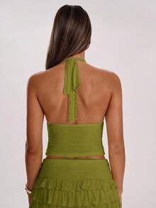 SHEIN BAE Women's Solid Color Deep V Neck Pleated Cropped Halter Camisole,Summer Top - Olive Green - View 2
