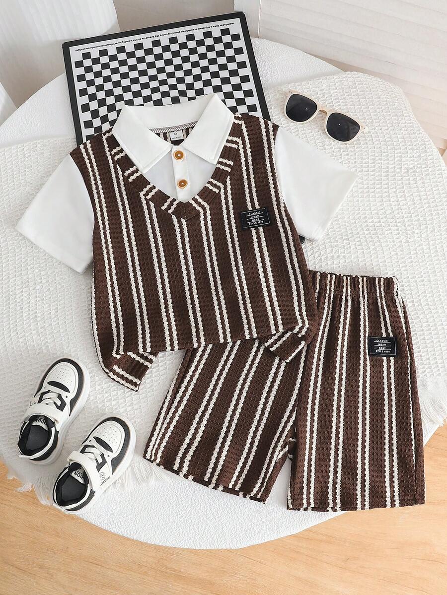 SHEIN Streecool Kids 男童休闲刺绣提花面料短袖上衣和短裤套装(2件套),舒适透气,适合日常休闲户外穿着,春夏季节适用。 - 棕色 - 查看 1