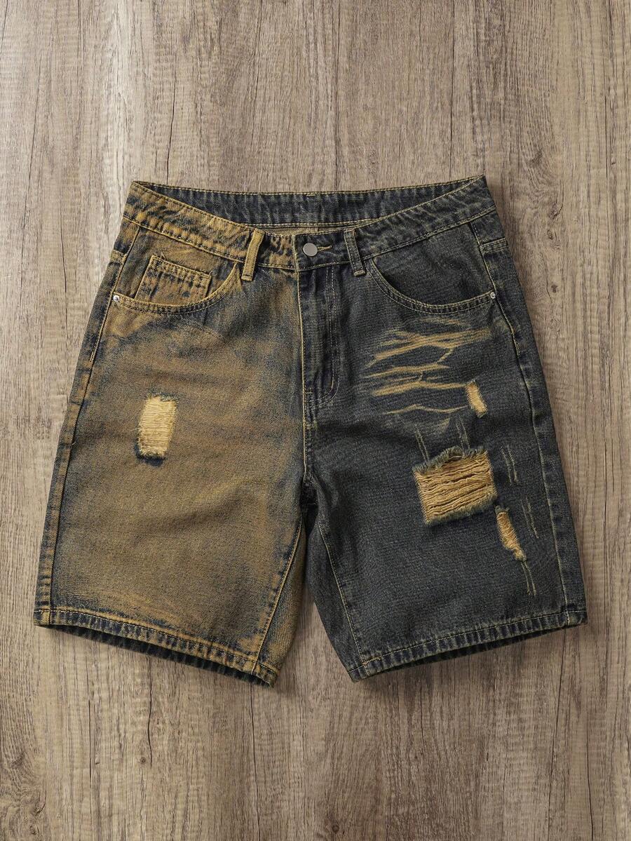 Manfinity Joysei Shorts vaqueros de verano para hombres con contraste de color, shorts vaqueros casuales lavados rectos y holgados con pierna suelta y rotos con contraste de color - Azul lavado medio - Ver 1