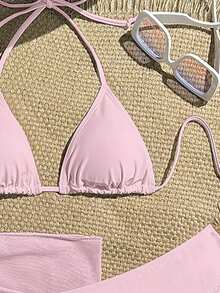 Zestiva 3pcs/Set Solid Color Textured Bikini Swimsuit For Beach Vacation For Summer - Pink - View 4
