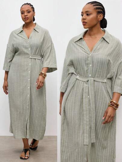 Maija Plus Size Women Striped Drop Shoulder Single-Breasted Casual Shirt Dress Shirt Dress For Women Curve Botton Down Dress For Women Plus Size Summer Shirts Plus Size Shirt Dress Shirt Dresses Plus Size Summer/Spring Festival Party Beach Wedding Graduation Elegant Casual Vacation Formal Y2k Country Business Work Outfits For Women