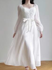 Feyla Đầm midi tay dài lưới cổ tim ren tương phản cho nữ - trắng - Xem 7