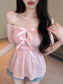Joudiya 春夏露肩粉色套头衫，时尚派对/婚礼/宴会礼服，修身优雅荷叶边蝴蝶结镂空拼接短袖女式衬衫 - 粉色 - 查看 1