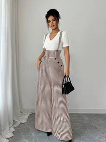 Elenzga Bộ áo liền quần ống đứng họa tiết răng cưa dành cho nữ, có dây đeo. - Màu Khaki - Xem 6