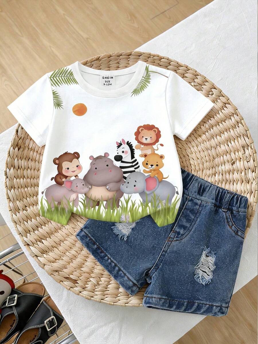 SHEIN Playful Pals Bộ đồ thường ngày 2 món cho bé trai, áo thun trắng cổ tròn tay ngắn in hình động vật dễ thương, phối cùng quần short denim, thích hợp mặc trong mùa hè. - Nhiều màu - Xem 1