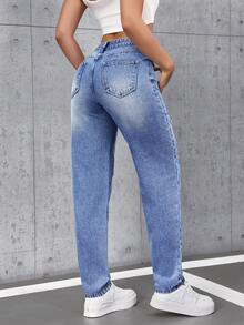 SHEIN Tall 女士高腰口袋做旧锥形休闲牛仔裤 - 藍色 - 查看 2