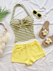 Conjunto Casual de 2 Piezas para Mujer : Top Halter con Volantes a Rayas y Pantalones Cortos - Multicolor 3 - Ver 5