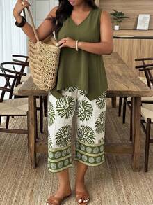 Weeklong Plus Size Women Spring/Summer Casual Vacation Solid Color Asymmetric Hem Tank Top And All-Over Print Pants Set - Multicolor - View 3