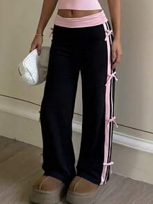 Teen Girls' Black & Pink Patchwork Knit Wide Waist Contrast Stitching Bow Decor Loose Wide Leg Pants,Summer,Cute Casual Yoga Flare Baggy Trousers - Black - View 3