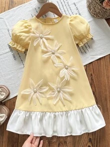 Young Girl Casual Daily Versatile Comfortable Fitted Round Neck Color Block Hem Dress Young Girl - Yellow - View 4