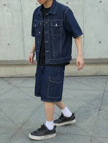 Teen Boy Fashion Homecoming Streetwear Mix And Match Versatile Design Y2k Vintage Cool Street Contrasting Color Stitching Dark Blue Short-Sleeved Shirt And Loose-Fitting Five-Pocket Jeans Set Of 2 Pieces For Kids Clothes Teen Boy Dailywear And Kids Spring To Summer Rave Outfits Festival And Outfits Streetwear Clothes - Blue - View 4
