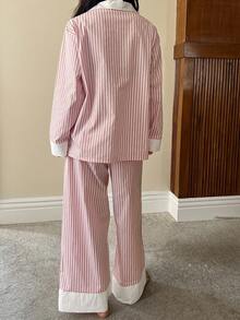 DAZY 2pcs Contrast Color Striped Fabric Shirt Style Women's Pajama Set, Spring - Pink - View 2
