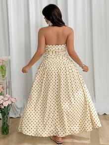 GalTyme Plus Size Women Polka Dot Print Ruched Strapless Casual Dress - Apricot - View 5