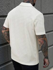 Manfinity Homme Men's Textured Collar Polo Shirt, Casual Daily Lightweight Minimalist Short Sleeve Waffle Shirt Men T Shirt For Men Polo/Mens Lightweight Knit Polo Shirt Cream Textured Fabric Short Sleeve V Neck Collar For Effortless Style - Beige - View 2