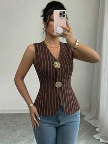 Rafferiza 女士V领修身金色玫瑰纽扣装饰吊带背心 - 彩色 - 查看 8