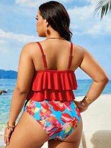 Swim Lushoire Plus Size Women Summer Beach Vacation Ruffle Strap Tankini Swimwear Set - Multicolor - View 2