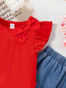 SHEIN Vintaside Kids 2件/組少女休閒蝴蝶結裝飾荷葉袖T恤與櫻桃刺繡牛仔褲套裝，適合戶外、生日派對穿著 - 彩色 - 查看 6