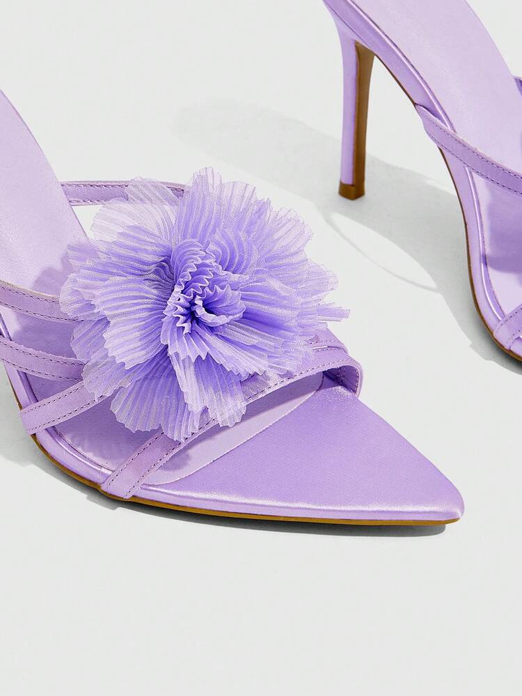 CUCCOO SZL Women Shoes Purple Satin Satin Color Matching Flower Sweet Sexy Street Fashion Stiletto Pointed Sandals