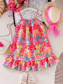 SHEIN Elladie kids Đầm dệt kim họa tiết hoa dâm bụt in kỹ thuật số cho bé gái, có bèo nhún ở gấu và dây đeo vai, thích hợp mặc hàng ngày vào mùa hè, đi chơi, du lịch, nghỉ mát và các buổi tụ họp. - Đỏ - Xem 8